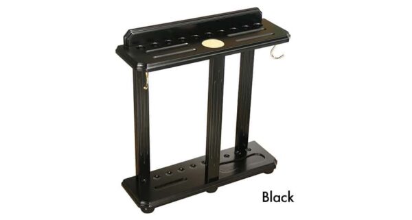 Floor style cue rack that holds 10 cues, ball set, brushes and chalk