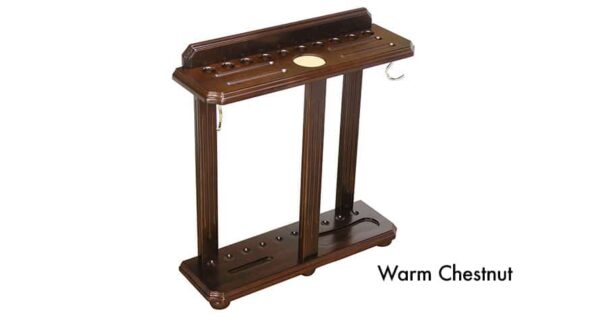 Floor style cue rack that holds 10 cues, ball set, brushes and chalk