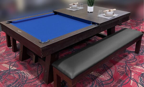 Tunbridge Pool Table shown with storage benches and dining top